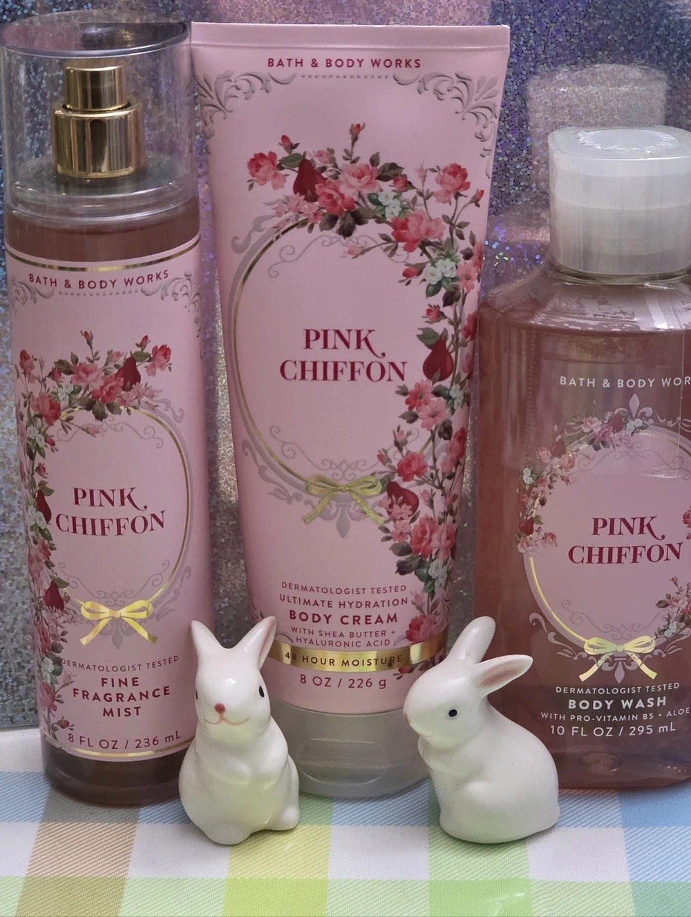 Bath Body Works Pink Chiffon Body Wash, Cream, & Fragrance Mist 3pc Set NEW Rare